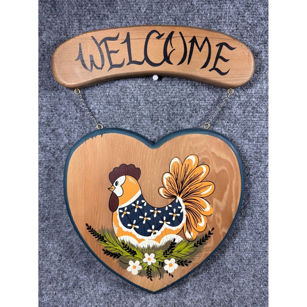 United Silver & Cutlery Co Vintage Wooden Welcome Sign Rooster Heart Plaque